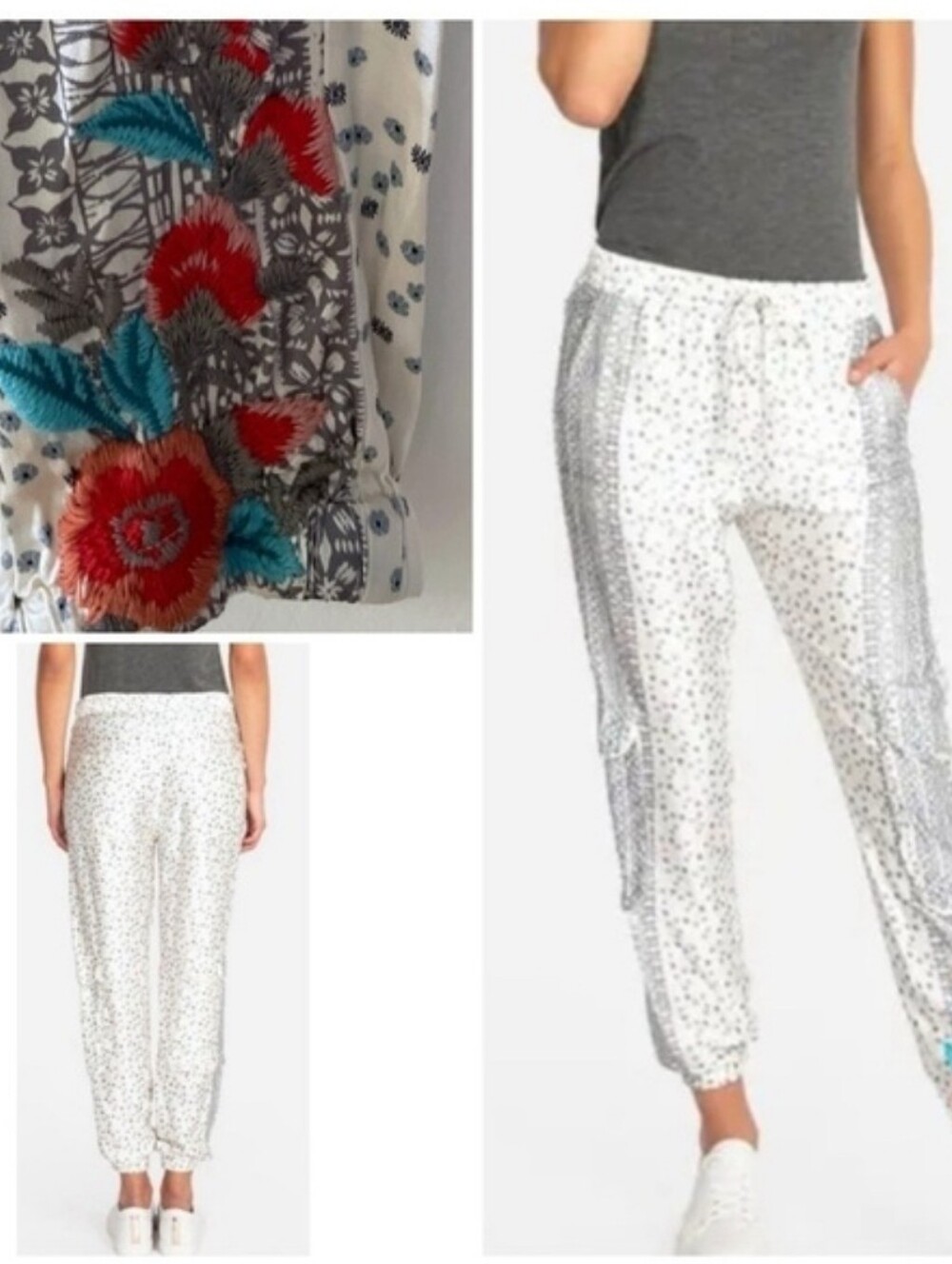 Johnny Was Mazey Satin Pant Polka Dot Floral Embroidered Cargo Joggers, SIZE S